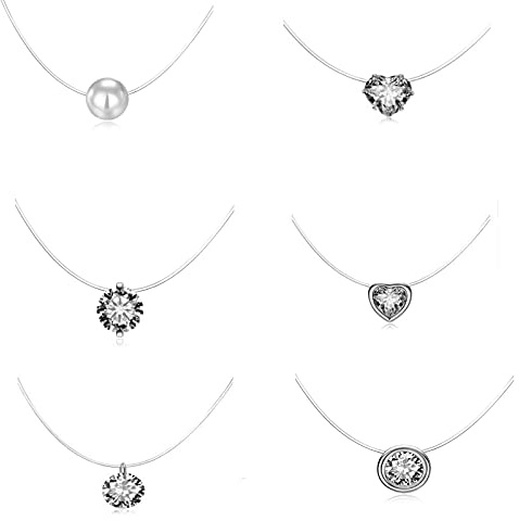 Floatdream 6 Pièces Collier Invisible en Fil de Nylon Transparent Zircon Cadeaux Mariages Avantages Sociaux (Argent)