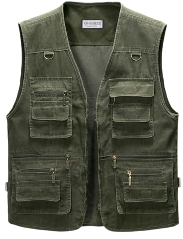 Oralidera Herren Outdoor Weste Freizeit Jacke Leicht Safari mit Reißverschluss Jagd und Angler Fotografie Wandern Anglerweste mit Vielen Taschen, Grün, 2XL