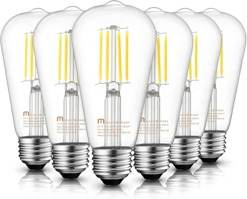 MASTERY MART E27 Vintage Light Bulbs, Non-Dimmable, 5000K Daylight White, 6.5W 60W Equivalent, Glass ST64 Filament LED Bulb, Edison Screw Cap, 15000 Hours, 800 Lumens, Pack of 6