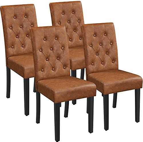 Yaheetech Dining Chairs Set of 4 Modern Style Faux Leather Dining Room Chairs with Solid Wood Legs and Button Tufted Padded for Home Kitchen, Retro Brown