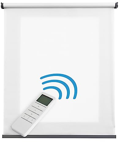 Motorisiertes Rollo, transparent, hochwertig, hochwertig, lichtdurchlässig, mit Motor und Fernbedienung, Aluminium-Finish, automatisch, elektrisch, mit Batterie, Vorhang STORESDECO weiß, 120 x 250 cm