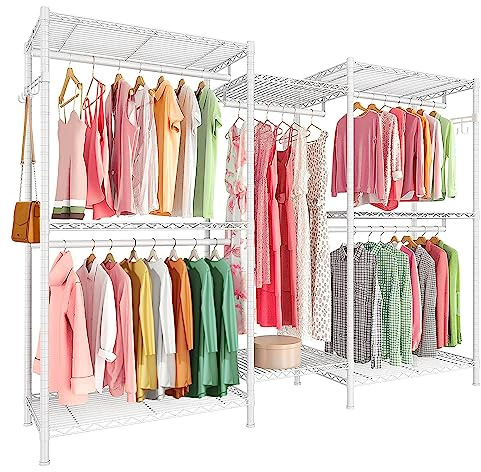 Forthcan Stand Appendiabiti in Metallo，Armadio, Guardaroba, Appendiabiti, Stand Appendiabiti regolabile e Multifunzionale con Ruote Aste, Ripiani Portaoggetti,Nero (Bianco, 187 * 44 * 194cm)