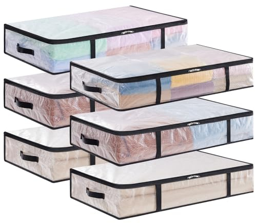 Lifewit Bolsas Almacenaje Ropa Transparentes 60L, Bolsas Debajo de la Cama con Asas, Cajas Almacenaje Plegable de PP, Organizador Armario Para Mantas, Juguetes, 6 Piezas