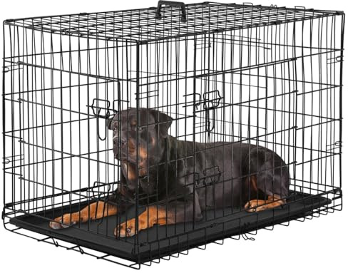 Folding Dog Cage with 2 Doors, Removable Tray, 107 x 70 x 76 cm, Dog Transport Cage, Rabbit, Puppy and Pets, Metal, Black