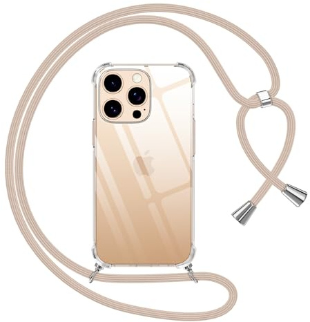 Pnakqil Funda para iPhone 16 Pro con Cuerda, Carcasa Transparente Silicona Colgar Collar Correa de Cuello Cadena para iPhone 16 Pro Fundas, Cordón Ajustable [Caqui]