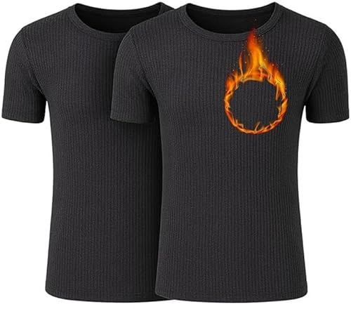 FIANA FASHIONS Mens Winter Warm Thermal Short Sleeve Top, Cotton Quick Drying Underwear Baselayers Suitable for Daily Use, S M L XL XXL Inner Wear Undershirt (Pack of 2) Black