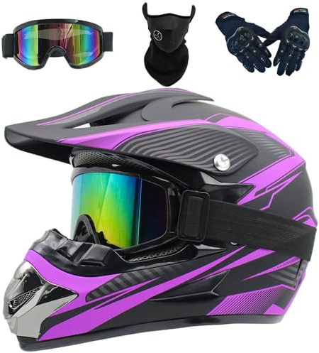 Casco Motocross Niño, Casco Cross Motocicleta MX para Mujer Hombre Adultos y Infantil, Casco de Moto Integral Casco Descenso con Gafas Máscara Guantes(C Purple,M(54-55cm))