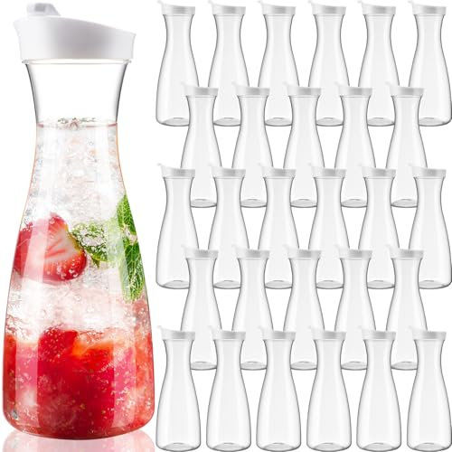 Reallnaive 30 Pcs Plastic Carafe with Lids,34 oz Juice Containers, Trendy