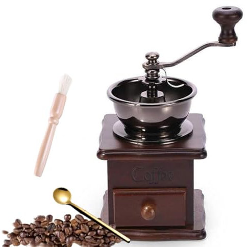 Eitonbu Moulin à café manuel en bois de style vintage avec manivelle en céramique, brosse de nettoyage pour moulin à café manuel en bois, (19,1 x 8,3 x 16,3 cm, marron foncé)