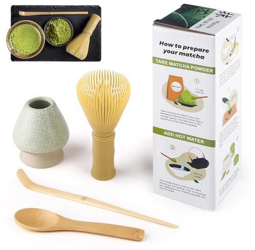 Matcha Kit 4 Pièces Matcha Set, Kit Matcha, Comprend le Fouet Matcha en Résine, Cuillère Traditionnelle, Cuillère à Thé, Support Fouet Matcha, l'ensemble Parfait Pour Préparer, Vert maille