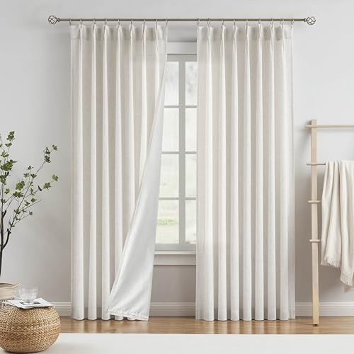 Vision Home Natural Pinch Pleated Light Filtering Curtains with Microfiber Liner 95 inch Linen Blended Textured Privacy Drapes for Living Room Bedroom Back Tabs with Hooks 2 Panels 40 Wx95 L