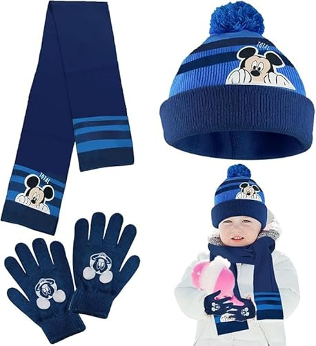 UKMICNVXSU Conjunto Gorro y Bufanda Niño, 3 in 1 Set Guantes Invierno Niño y Gorro para Niños Niños 3-8 Años(Azul)