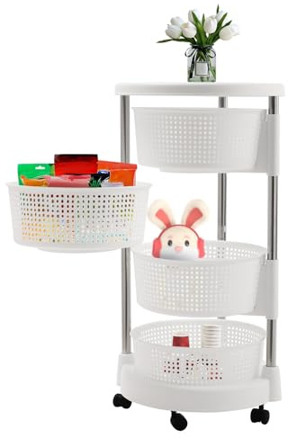 PINYELIN Carrito de cocina redondo de 4 niveles, para verduras y frutas, cesta giratoria de cocina, estante de almacenamiento giratorio para cocina, salón, estudio