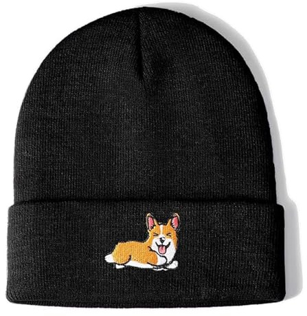 Muorruo Berretto a maglia con risvolto e ricamo Corgi, berretto invernale caldo con polsino, berretto da sci caldo per uomini e donne, berretto invernale per amanti dei Corgi