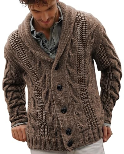 Chaqueta de punto gruesa para hombre, manga larga, patrón trenzado, cuello de chal informal, prendas de punto con botones, sobreabrigo de solapa, ropa exterior de invierno, cárdigan liso, jersey
