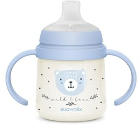 Suavinex, Bicchiere per l'Apprendimento del Bebè, Tazza Anti-Goccia, con Manici che Brilla al Buio, con Beccuccio in Silicone e Valvola Anti-Coliche, Ideale per l'Uso Notturno, +6 Mesi, W&Free Blu