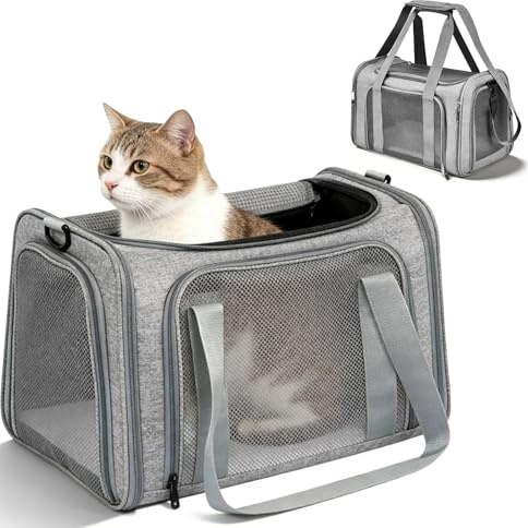 Sac Transport Chat, Caisse De Transport Chat, Coffre pour Le Transports d'animaux, 45 X 30 X 30 Cm, Jusqu'À 8 Kg, Sac Chat Transport avec Bandoulière Réglable pour Chiot, Chat Gris