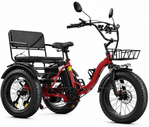Broobey Two Seater Electric Tricycle for Adults 48V15.6Ah Etrike 20x4 Fat Tire Electric Trike 3-Wheel Folding Electric Tricycle Large-capacity bike basket