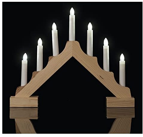 EMOS Bougeoir LED en Bois de Couleur Naturelle, bougeoir Classique avec 7 lumières LED, alimenté par Piles 2 x AA, intérieur IP20, Fonction minuterie 6/18 h, 35 x 29 cm