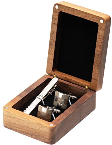 COSISO Real Black Walnut Wooden Cufflinks Box,Small Vintage Tie Clip Display Storage Case