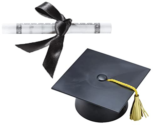 Plastic Graduation Cap Cake Topper with Large Paper Diploma Cake Topper (Black)