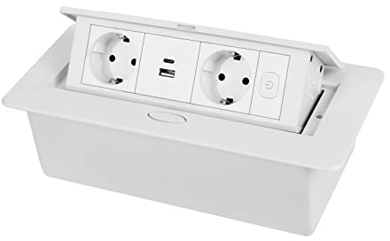 Versenkte Steckdose,Tischsteckdose Mehrfachsteckdose mit 2 USB,Einbau Steckdosenleiste 2-Fach,für Möbel oder Arbeitsflächen Wand Küche (Weißer 16A-Schalter)