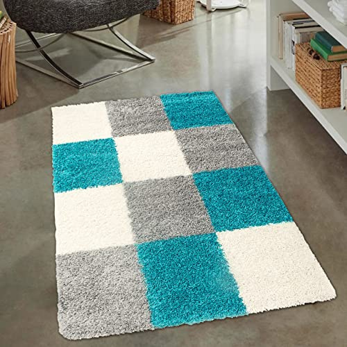 CARPETIA Teppich modern Shaggy Teppich mit Karodesign türkis grau Creme, 80 x 150 cm
