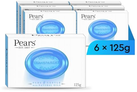 Pears Pure & Gentle Transparent Natural Soap Bar - Made with Mint Extracts, Nourishing and Refreshing Bathing Cleanser, Gentle & Soothing Skin Care, Pure Transparency, Pack of 6 x 125g