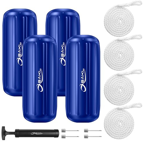 OBAKL Boat Fenders 4 Pack 8 x 20 Inches Ribbed Center Hole Boat Fenders Bumpers for Docking, Comes with Ropes and Pump to inflate(Blue)