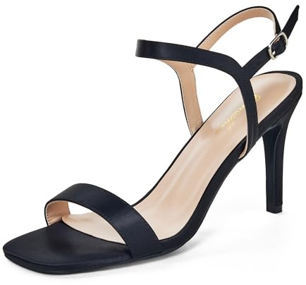 GENSHUO Women's 3 inches Stiletto Heels Open Square Toe Ankle Strap High Heel Slingback Sandals Sexy Comfort Wedding Party Dress Shoes, Black Satin, 6.5 UK