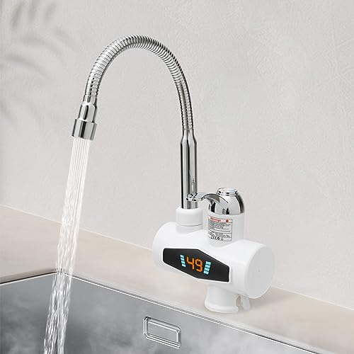 Durchlauferhitzer Wasserhahn Edelstahl Küchenamatur mit ablesbarer LED Temperaturanzeige 3000W Sofort Warm Elektrisch Warmwasserhahn, 360º Unterstützung Drehung für Campingküche, Wohnmobil
