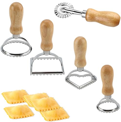 LOSYHU 5 Pcs Ravioli Stamp Maker Cutter, Pasta Maker Mold Ravioli Cutters with Wooden Handle and Fluted Edge, Ravioli Press Wheel Pasta Making Tools for Making Ravioli, Cookies, Press Stamp