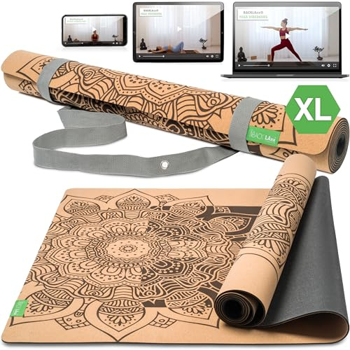 BACKLAXX ® Yogamatte Kork XXL [50% mehr Fläche] mit Naturkautschuk | Yoga-Matte rutschfest | nachhaltige Yogamatten | Fitnessmatte mit Anti-Rutsch-Zonen | inkl. Tragegurt (ACHTSAMKEIT - XL)