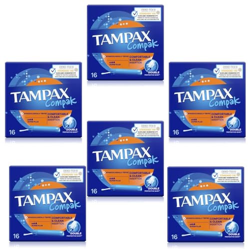 Tampax Compak Tampons, Super Plus mit Applikator, 16 Tampons - 6er Set (6 x 16 Tampons), Auslaufschutz und Diskretion, super saugfähig - – Ultimativer Schutz und Komfort für aktive Frauen