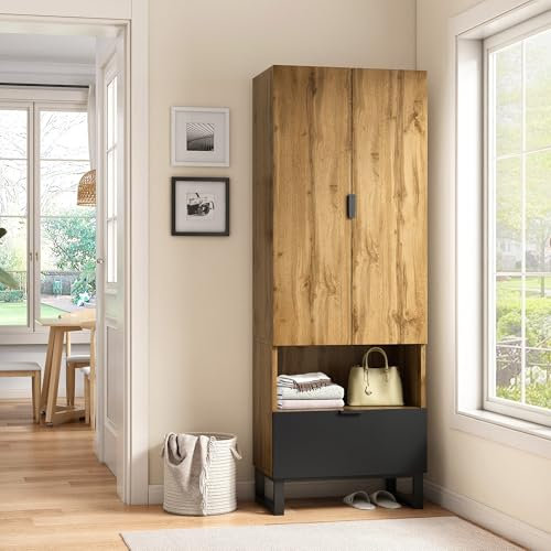 SHUGUANG Vestiaire d'entrée, Ensemble d'armoire avec 1 Tiroir, Un Compartiment avec étagères Réglables et Tringle à Vêtements, Porte Manteau Murale, Armoire Compacte, Meuble d'entrée, Chêne + Noir