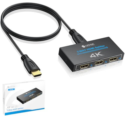 eSynic 4K HDMI Splitter Verteiler 1 in 3 Out – Metallgehäuse, HDCP 1.4, Dolby/DTS Unterstützung, 3D Kompatibilität, für PS4, Laptop, Blu-ray, HDTV – Nur Spiegelmodus, kein Erweiterungsmodus