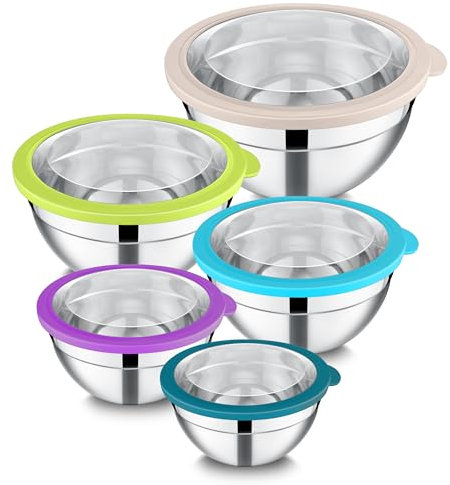 Joyfair Mixing Bowls, 5 Pcs Stainless Steel Nesting Salad Bowl with Airtight Transparent Lids, Metal Bowl Set Ideal for Kitchen Mixing Baking Serving Storing Washing- 4.6/2.5/1.6/1.2/0.7QT, Multicolor