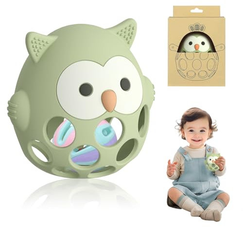 BeißRing Baby, Montessori BeißRing, BeißSpielzeug Baby, Silikon Eule Babys Spielzeug, Sensorik Spielzeug Ab 0 Monate, Zahnungshilfe & Greifball FüR Sinnes Und Kauentwicklung-Green