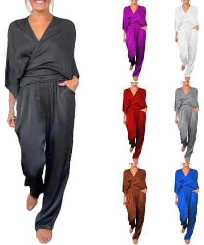 Ensemble haut en satin à col en V et pantalon long pour femme, chic et élégant, 2 pièces haut à manches 3/4 + pantalon cargo multi-poches, costume d'été pour femme, vêtements de détente, maison et