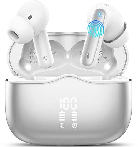 Wireless Earbuds, Bluetooth 5.4 Headphones in Ear Bass Stereo, 40H Wireless Earphones with 4 ENC Noise Cancelling Mic, IP7 Waterproof Bluetooth Earbuds LED Display, Hands-Free Calls with AI, Silver