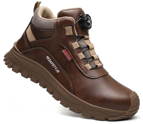 COOU Bottes avec embout en acier pour homme et femme Chaussures de sécurité antidérapantes Bottes de travail légères et confortables avec boucle pivotante et lacets, marron, 38 EU