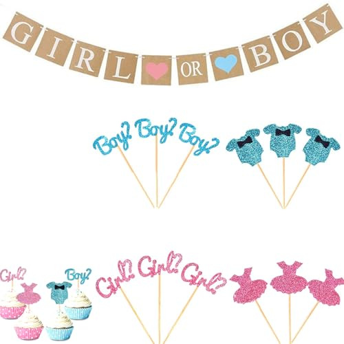 Set de Decoración para Fiesta de Revelación de Género, 12 Adornos para Cupcakes y 1 Pancarta Girl or Boy, Guirnalda Purpurina Decoración de Tartas para Baby Shower