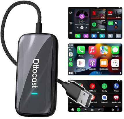 [Nuevo Modelo 2026] OTTOCAST Adaptador CarPlay y Android Auto Inalámbrico, 3 en 1 Caja AI Play2Video Ultra, Mira Netflix/Youtube en el Auto, Baja Latencia, Actualiza de Cableado a Inalámbrico