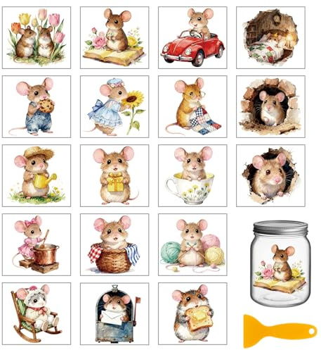 GLOBLELAND 18 Sheets Cartoon Mouse Transfer Stickers 3.9x3.6inch Cute Mouse Rub on Transfer Stickers Colorful Decal for Furniture Vase Glass Mason Jar Decorations Art Crafts