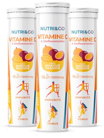NUTRI & CO Vitamine C 1000mg & Bioflavonoïdes - 45 jours - 100% Pure & Clean - Goût Mangue-Passion - Lot de 3x 15 comprimés effervescents Vegan
