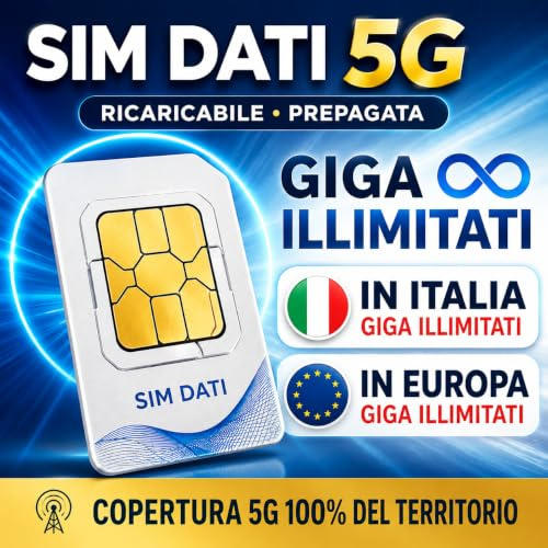 SIM DATI 5G con tutti i Giga che vuoi e Senza Limiti Pratici in Italia e Europa senza restrizioni; Ricaricabile semplice che metti dove vuoi e disdici quando vuoi. Copertura 100% del territorio