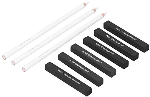 RiToEasysports Juego de Bocetos para Estudiantes de Arte con Lápices de Carbón Blanco, 3 Carboncillos Blancos y 6 Tiras de Carbón, para Pinceladas Expresivas y Trabajos Detallados