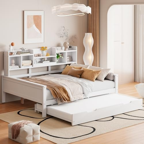 MAMAINI Sofá cama extensible 140 x 200 cm de madera maciza, con compartimento de almacenamiento y somier, cama nido 90 x 190 cm, cama multifunción de pino, color blanco