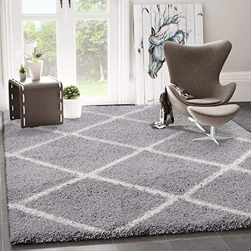 VIMODA Hochflor Teppich Wohnzimmer Shaggy Skandi Design Rautenmuster Grau Creme Robust Weich Strapazierfähig, Maße:70x140 cm
