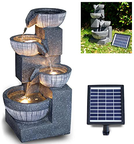 GEEZY Solar Water Features for the Garden – Outdoor 4 Tier Bowl Fountain with LED Lights – Solar Powered, Self-Contained – Easy Setup, Relaxing & Cascading – Ideal for Garden, Patio & Balcony Decor